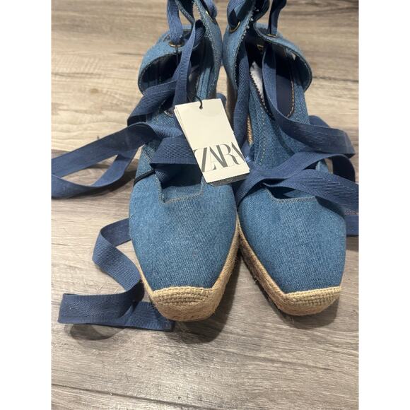 NWT ZARA Blue Denim Espadrille Ankle Tie Wedges Size 40 US Size 9 - Picture 2 of 7